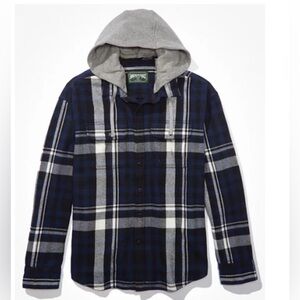 American Eagle Outfitters Navy and Gray Plaid Hooded Flannel Size Small